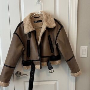 ZARA Taupe-Brown Faux Shearling Aviator Jacket with Cream Lining XS